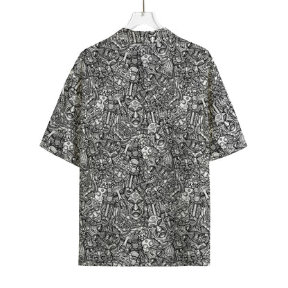 Grey And White Totem Pattern Print Rayon Hawaiian Shirt