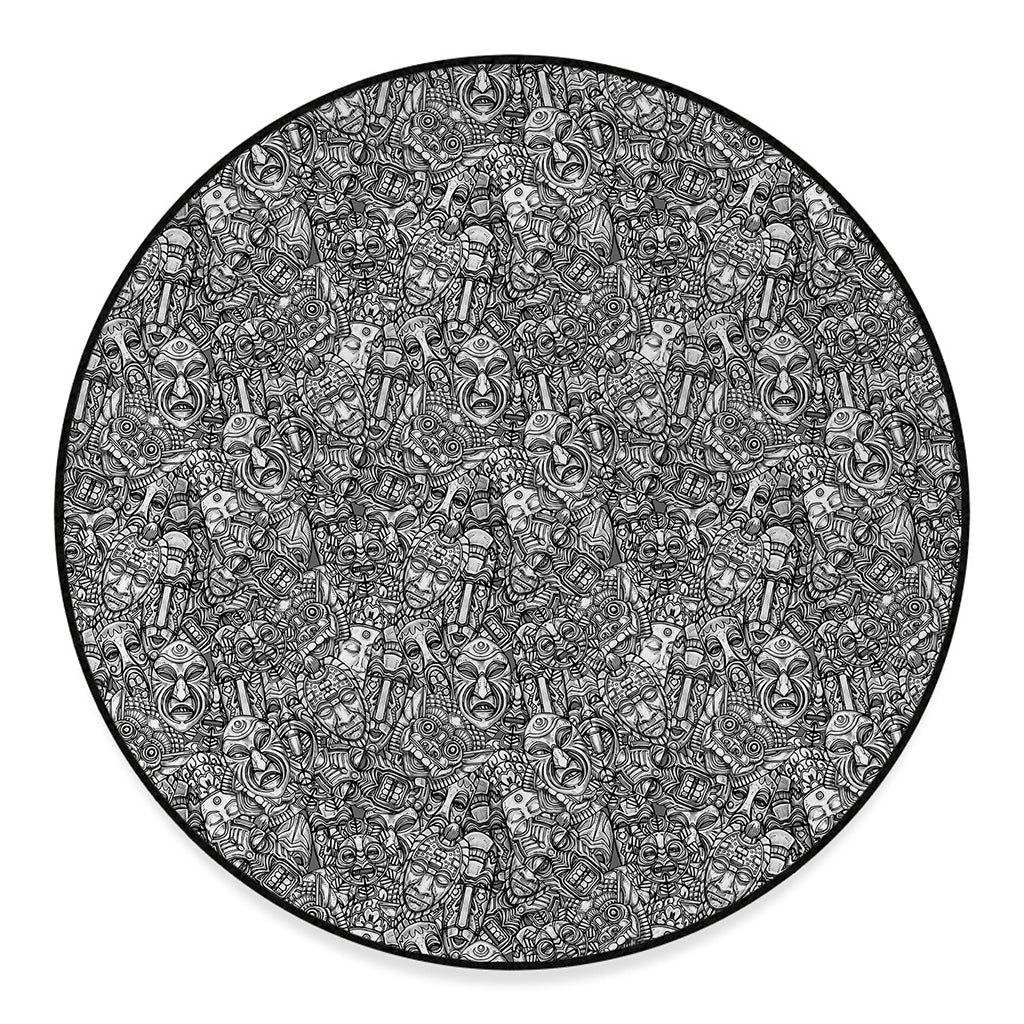 Grey And White Totem Pattern Print Round Floor Mat