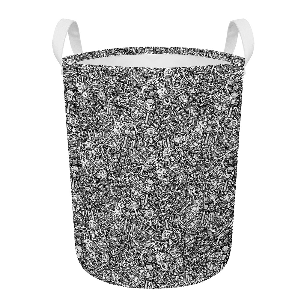 Grey And White Totem Pattern Print Round Laundry Basket