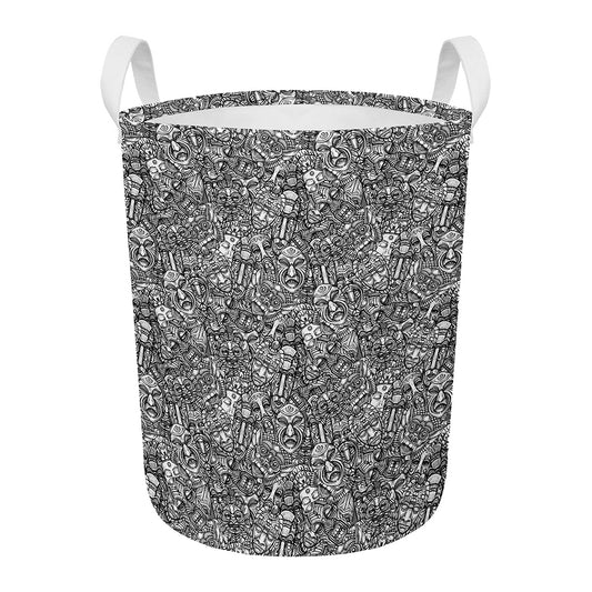 Grey And White Totem Pattern Print Round Laundry Basket