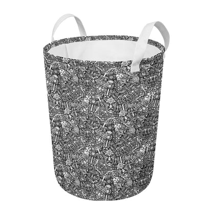 Grey And White Totem Pattern Print Round Laundry Basket