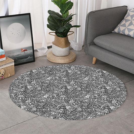 Grey And White Totem Pattern Print Round Rug