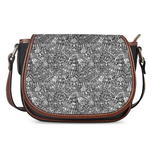 Grey And White Totem Pattern Print Saddle Bag