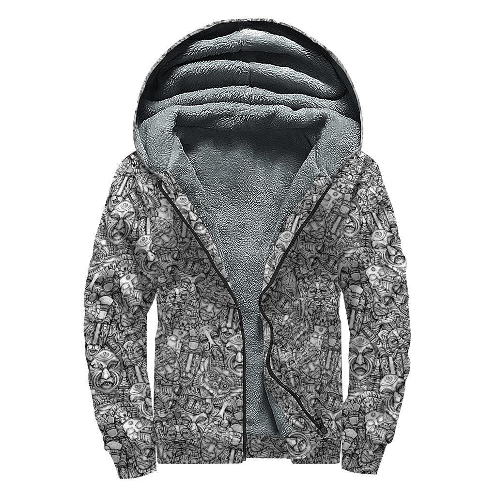 Grey And White Totem Pattern Print Sherpa Lined Zip Up Hoodie