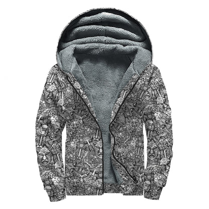 Grey And White Totem Pattern Print Sherpa Lined Zip Up Hoodie