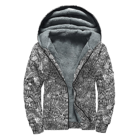 Grey And White Totem Pattern Print Sherpa Lined Zip Up Hoodie