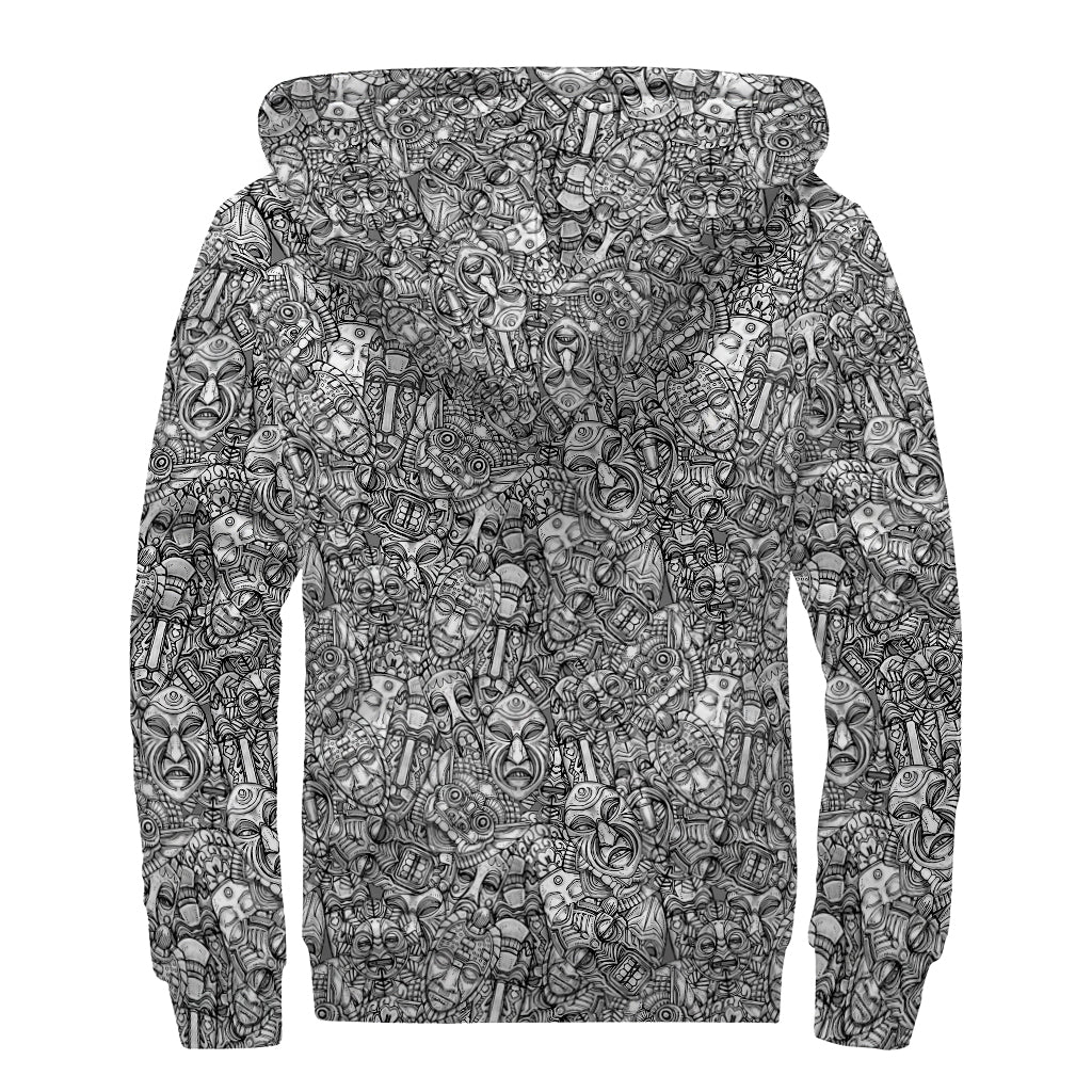 Grey And White Totem Pattern Print Sherpa Lined Zip Up Hoodie