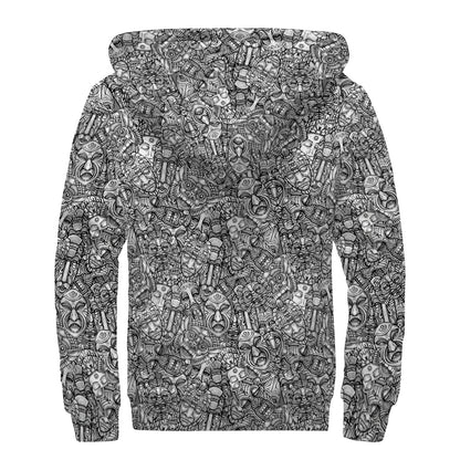 Grey And White Totem Pattern Print Sherpa Lined Zip Up Hoodie
