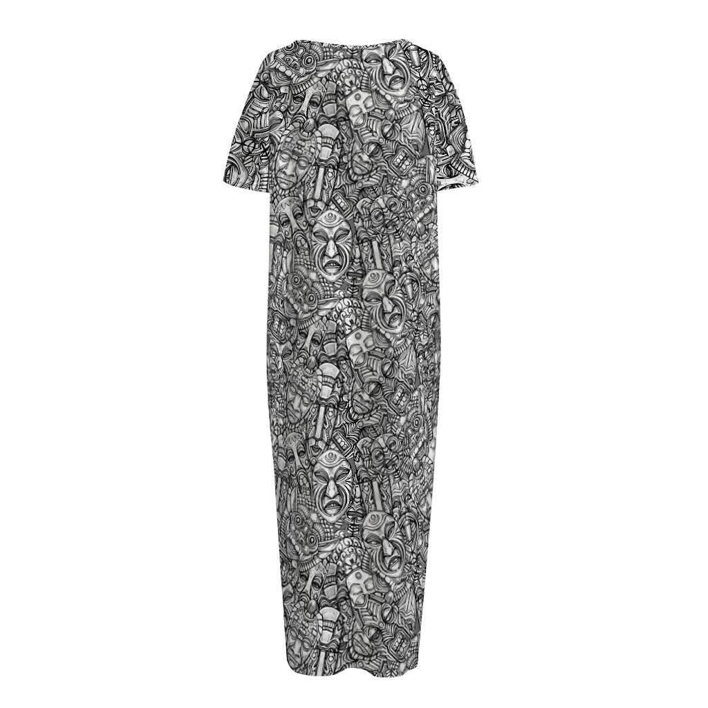 Grey And White Totem Pattern Print Short Sleeve Long Nightdress