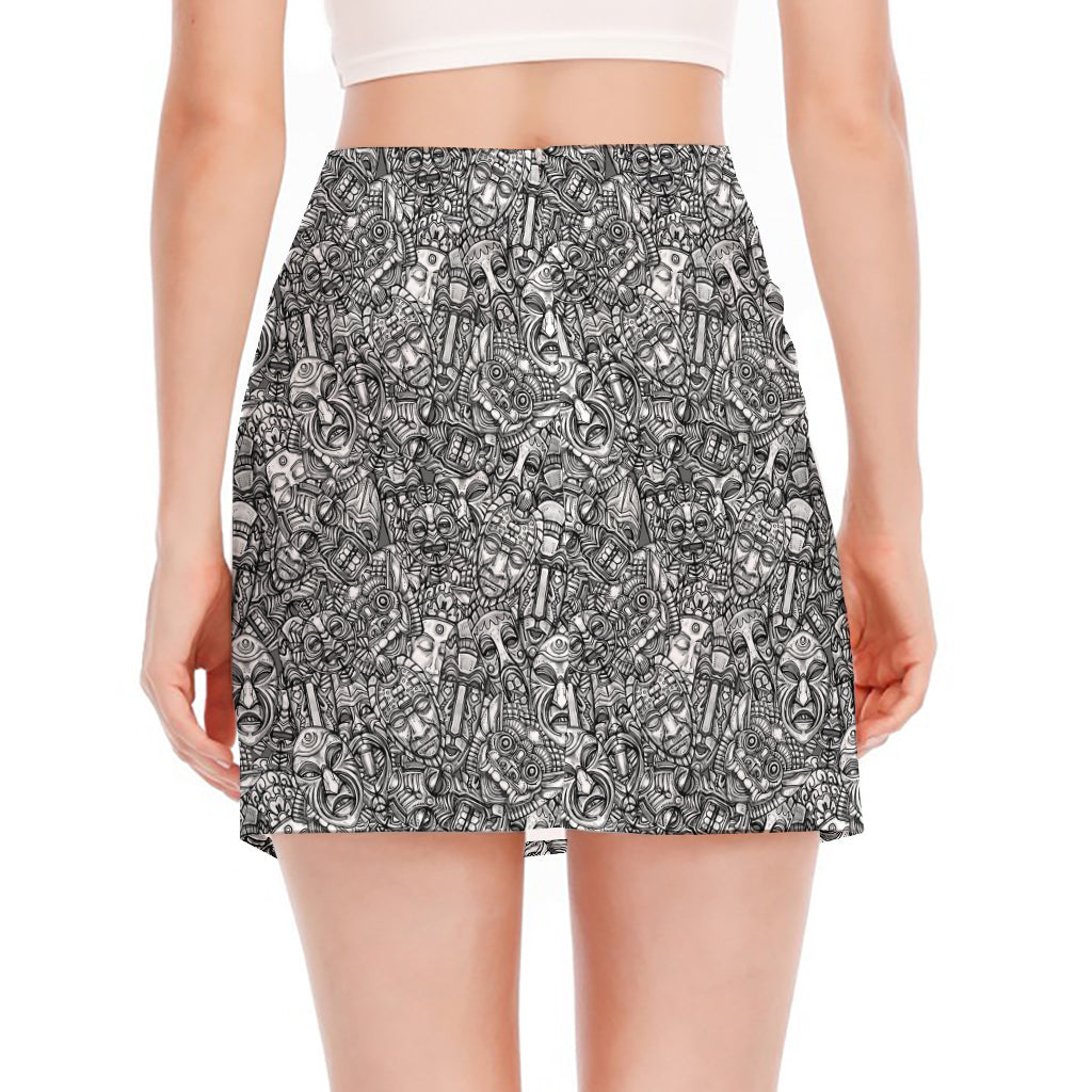 Grey And White Totem Pattern Print Side Slit Mini Skirt
