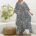 Grey And White Totem Pattern Print Silk V-Neck Kaftan Dress