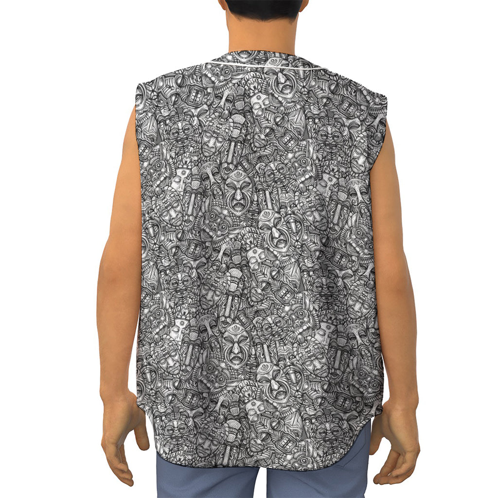 Grey And White Totem Pattern Print Sleeveless Baseball Jersey