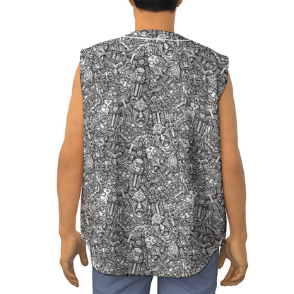 Grey And White Totem Pattern Print Sleeveless Baseball Jersey