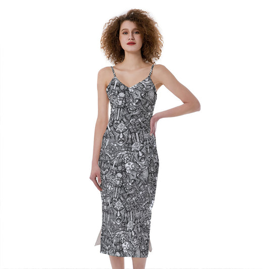 Grey And White Totem Pattern Print Slim Fit Midi Cami Dress