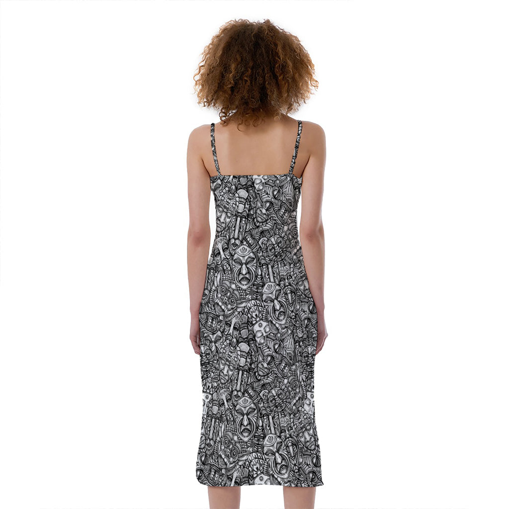 Grey And White Totem Pattern Print Slim Fit Midi Cami Dress
