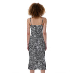 Grey And White Totem Pattern Print Slim Fit Midi Cami Dress