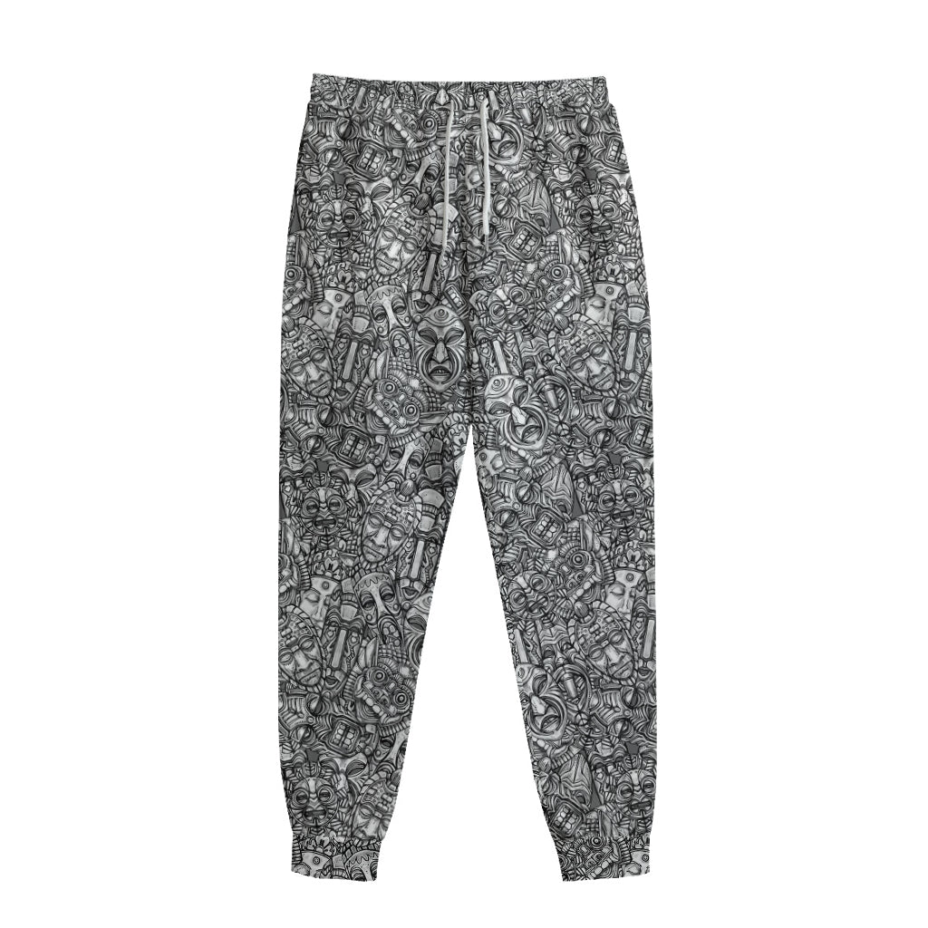 Grey And White Totem Pattern Print Sweatpants