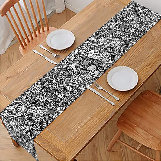Grey And White Totem Pattern Print Table Runner