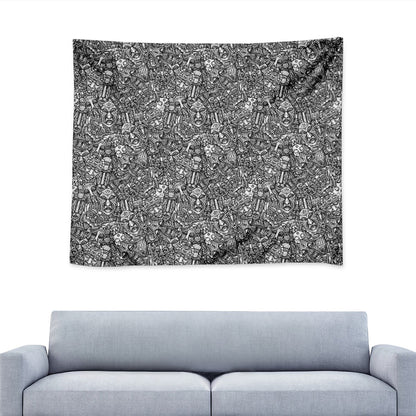 Grey And White Totem Pattern Print Tapestry