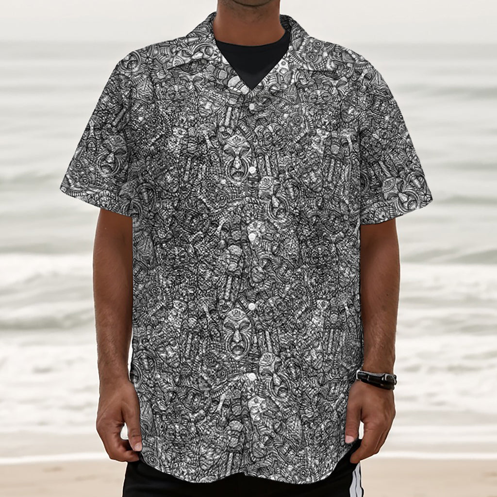 Grey And White Totem Pattern Print Textured Short Sleeve Shirt