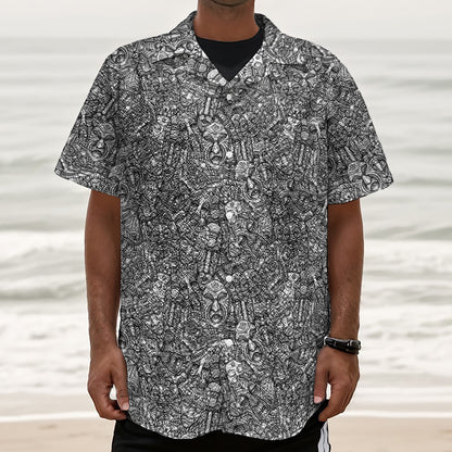 Grey And White Totem Pattern Print Textured Short Sleeve Shirt