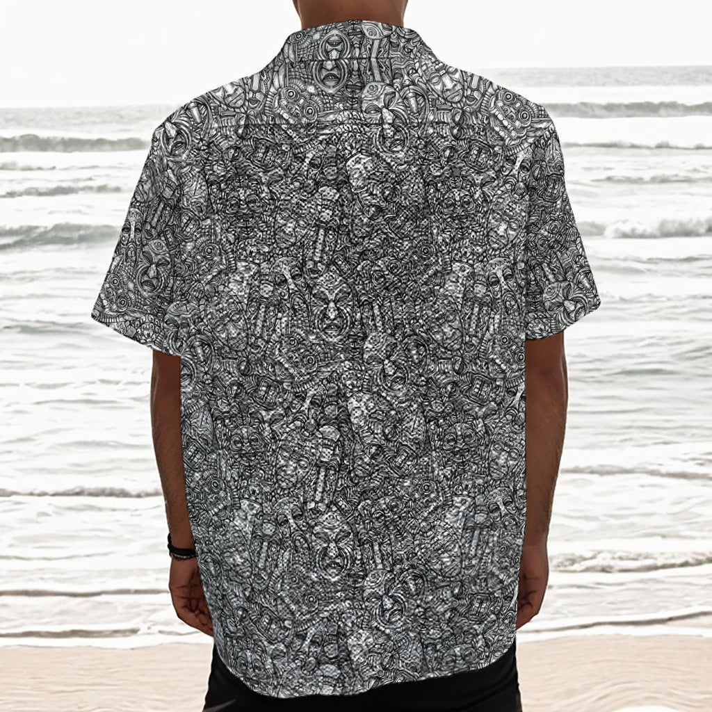 Grey And White Totem Pattern Print Textured Short Sleeve Shirt