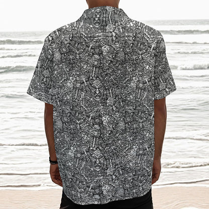 Grey And White Totem Pattern Print Textured Short Sleeve Shirt