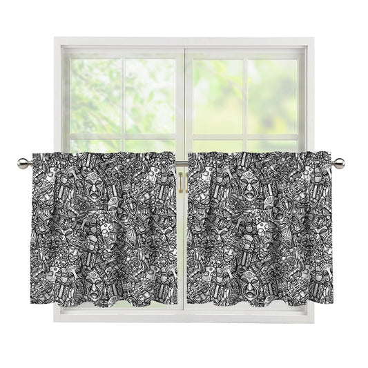 Grey And White Totem Pattern Print Tier Curtains