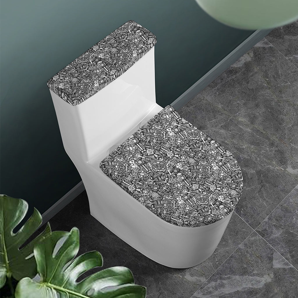 Grey And White Totem Pattern Print Toilet Lid And Tank Cover Set