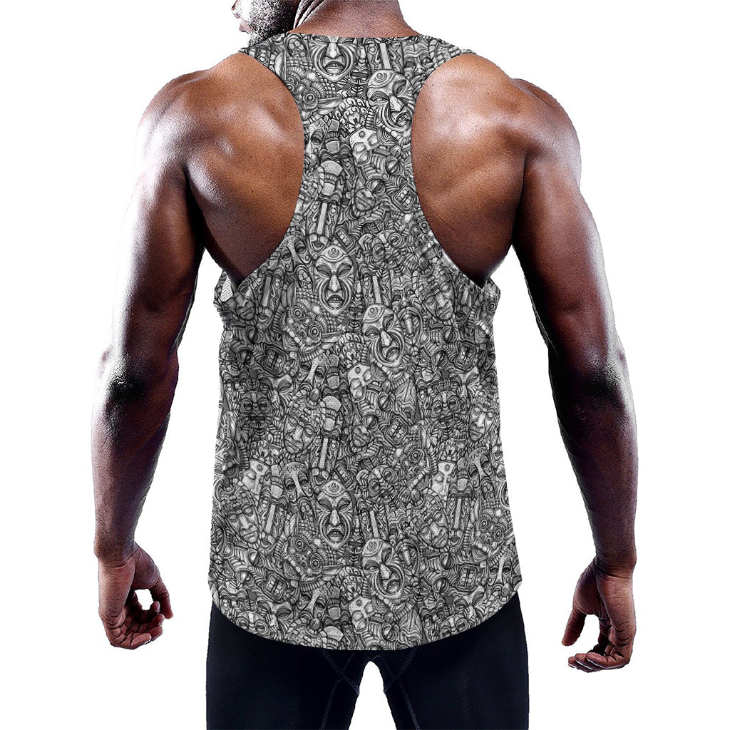 Grey And White Totem Pattern Print Training Tank Top