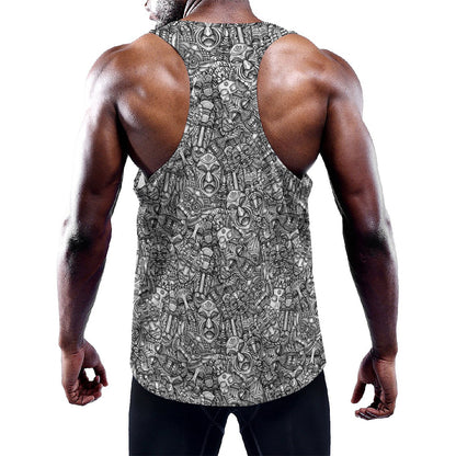 Grey And White Totem Pattern Print Training Tank Top