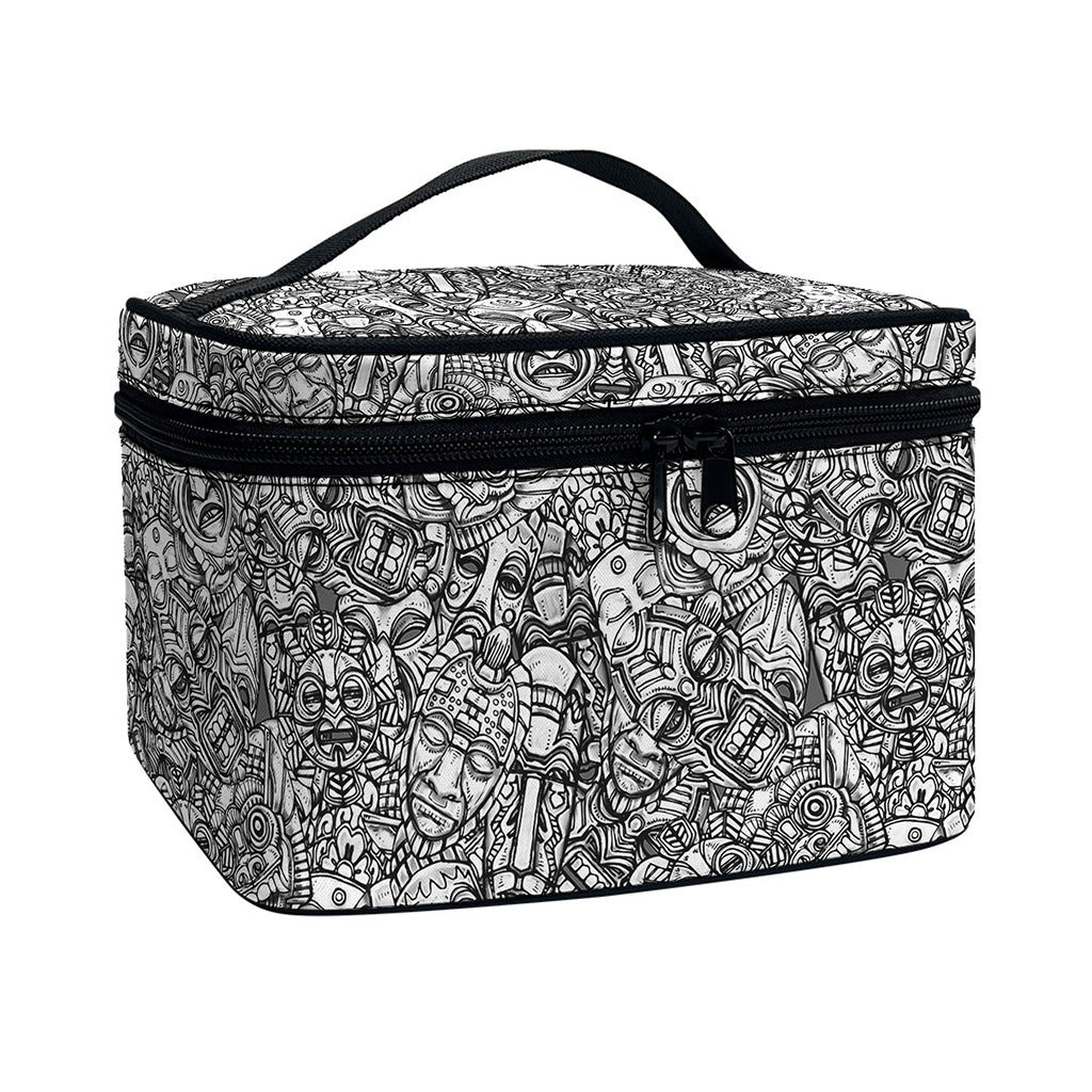 Grey And White Totem Pattern Print Travel Makeup Bag