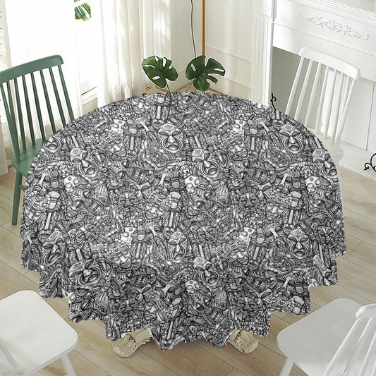 Grey And White Totem Pattern Print Waterproof Round Tablecloth