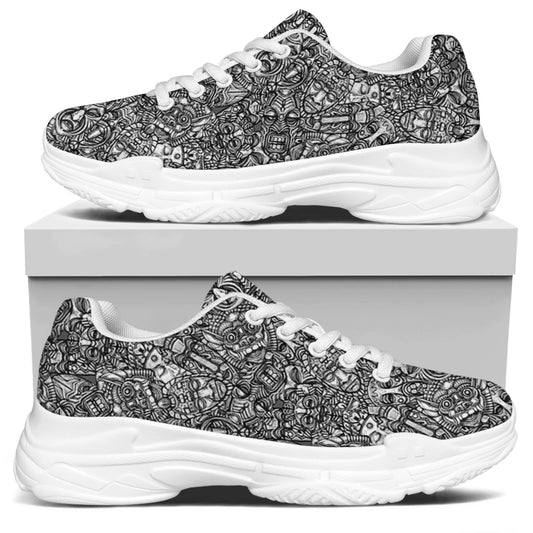 Grey And White Totem Pattern Print White Chunky Shoes