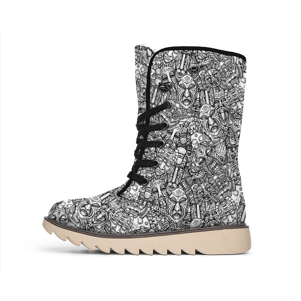Grey And White Totem Pattern Print Winter Boots
