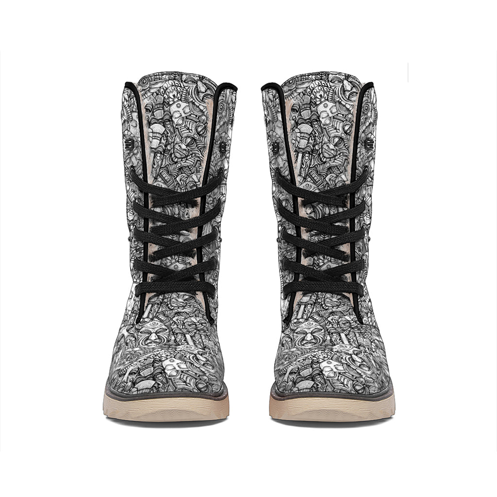 Grey And White Totem Pattern Print Winter Boots