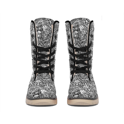 Grey And White Totem Pattern Print Winter Boots