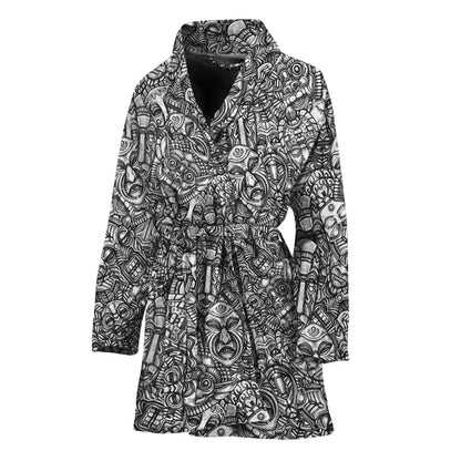 Grey And White Totem Pattern Print Women's Bathrobe
