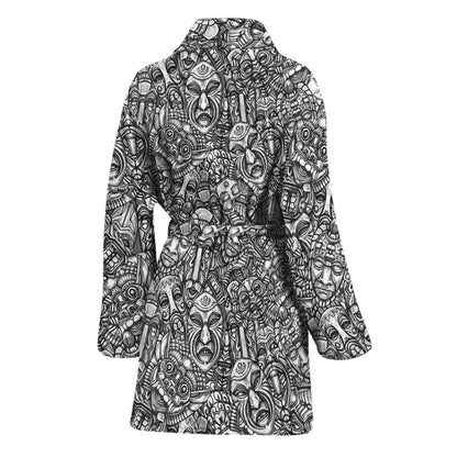 Grey And White Totem Pattern Print Women's Bathrobe