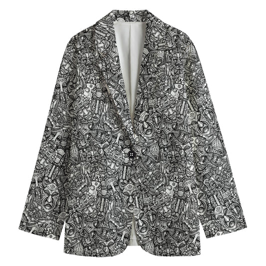 Grey And White Totem Pattern Print Women's Blazer