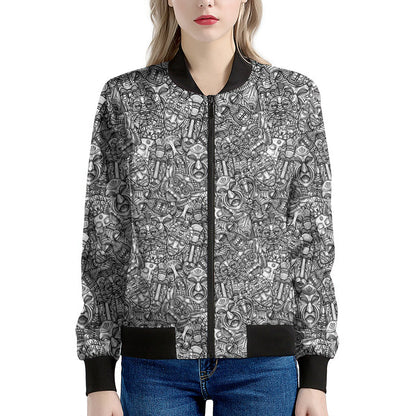 Grey And White Totem Pattern Print Women's Bomber Jacket