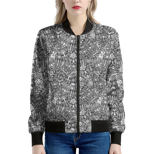 Grey And White Totem Pattern Print Women's Bomber Jacket