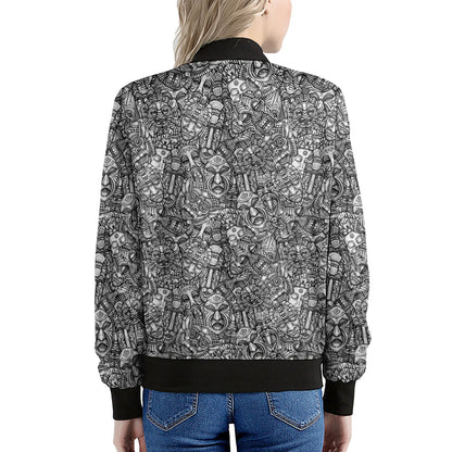Grey And White Totem Pattern Print Women's Bomber Jacket