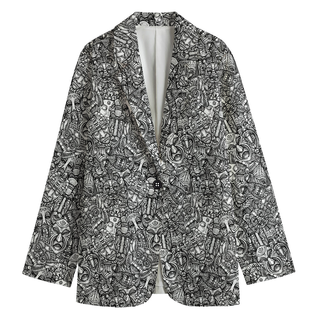 Grey And White Totem Pattern Print Women's Cotton Blazer