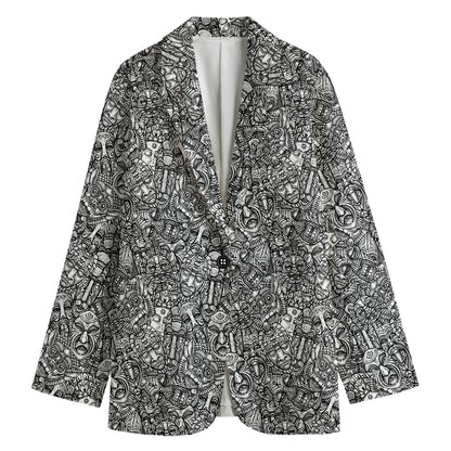 Grey And White Totem Pattern Print Women's Cotton Blazer