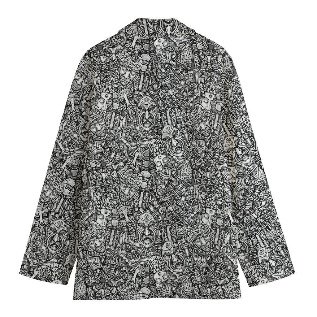 Grey And White Totem Pattern Print Women's Cotton Blazer