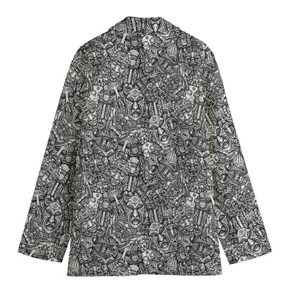 Grey And White Totem Pattern Print Women's Cotton Blazer