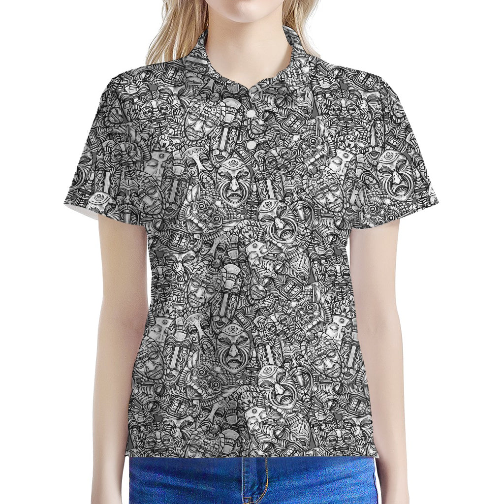 Grey And White Totem Pattern Print Women's Polo Shirt
