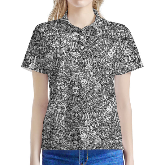 Grey And White Totem Pattern Print Women's Polo Shirt
