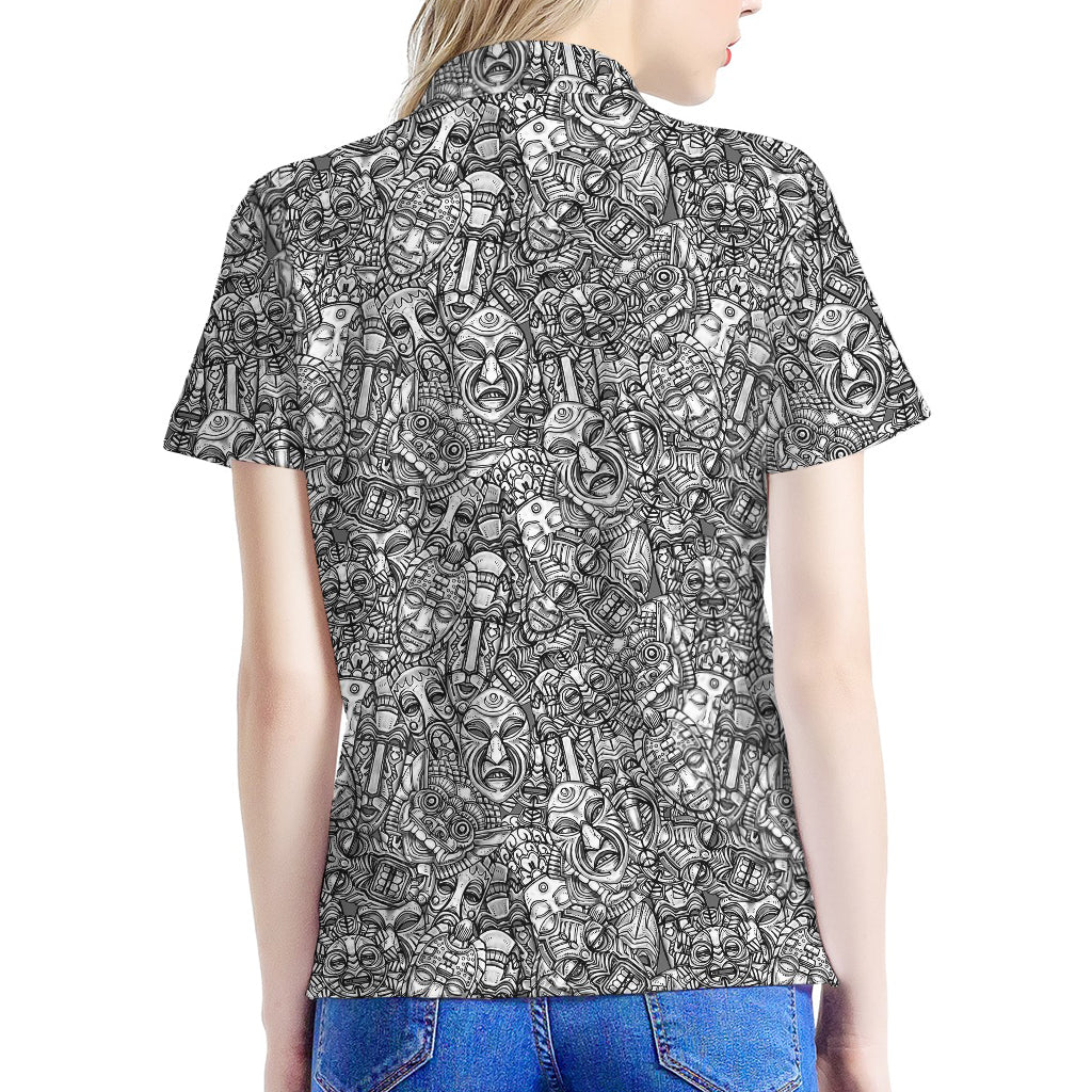 Grey And White Totem Pattern Print Women's Polo Shirt